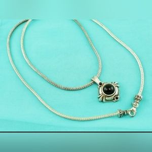 1990's Long 30" Square Silver Tone Metal Plated Chain w/Black Pendant